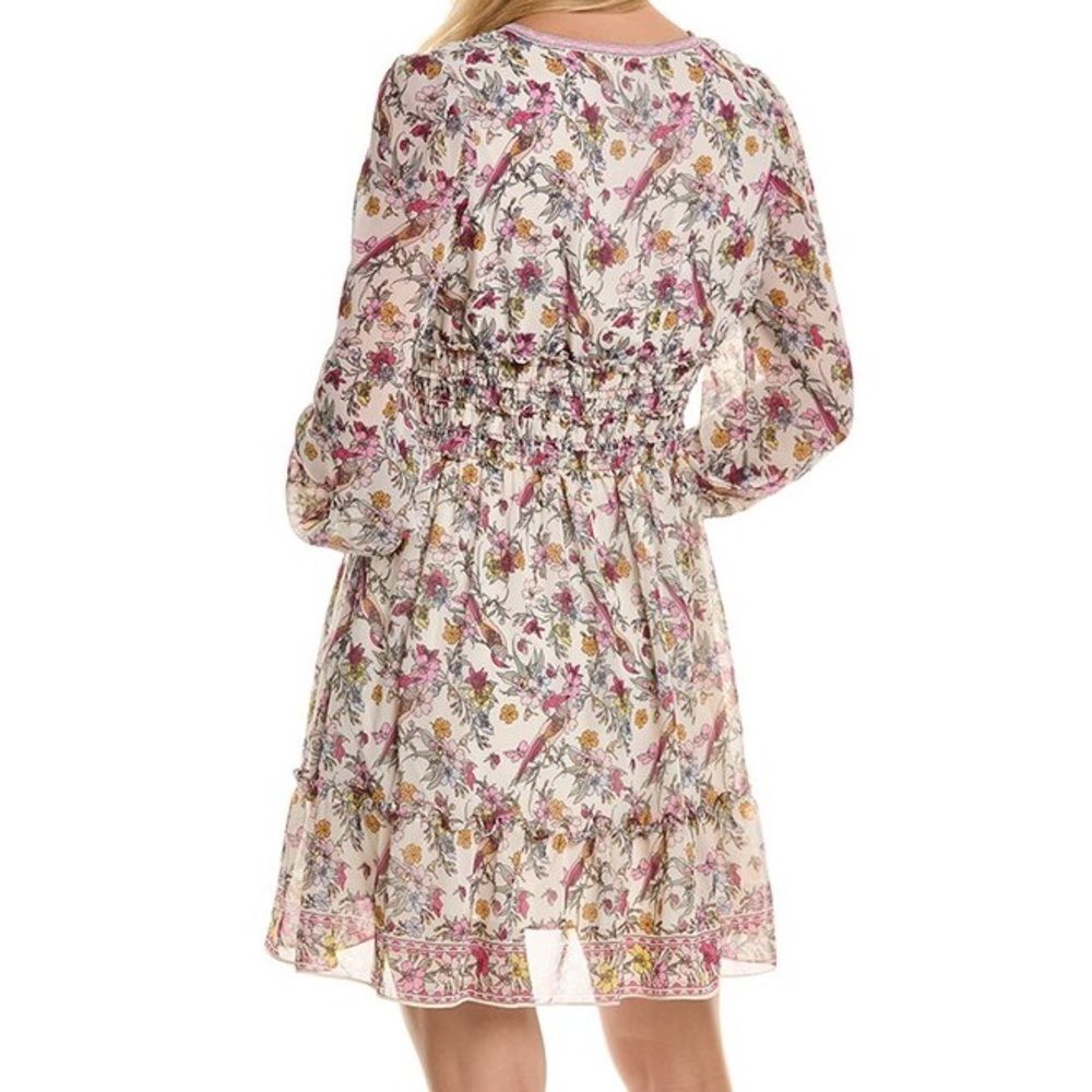 NWT Max Studio Smocked Cream Pink Floral Bird Print Mini Dress Size Medium NEW - Picture 4 of 14